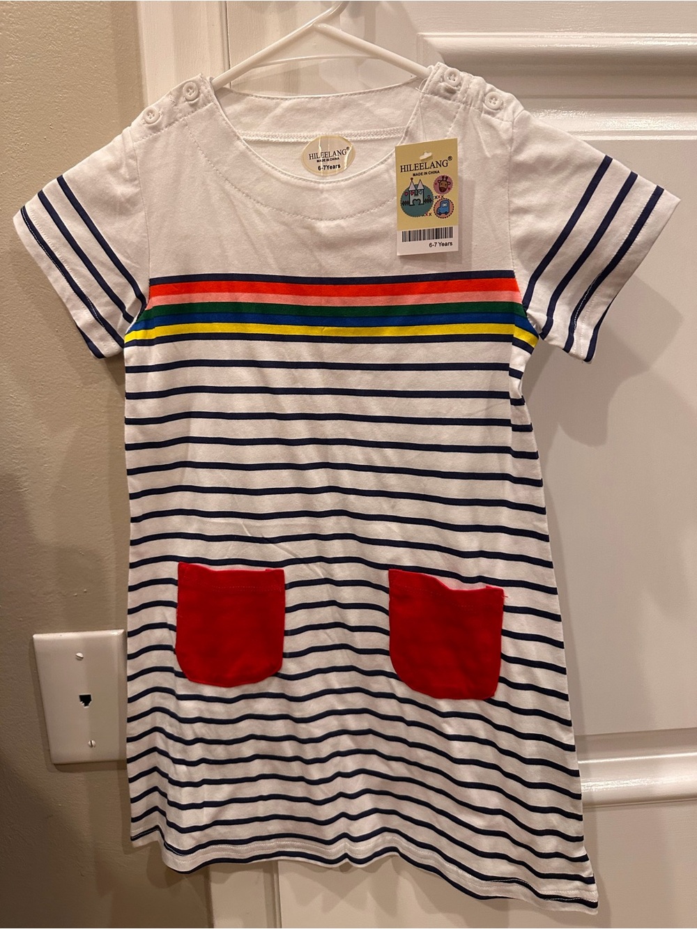 Girls' White Navy Stripe Dress with Red Pockets and Rainbow Stripe Detail